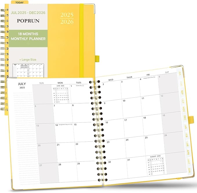 POPRUN Monthly Planner 2025-2026 Spiral Hardcover (8'' x 10''), 18 Months Calendar (Jul.2025 - Dec.2026)- 2 Pages per Month with Dotted Note Pages, Sunday Start, Laminated Tab - Light Yellow