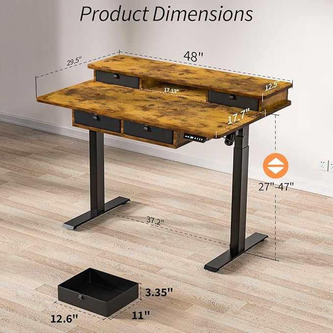 Standing Desk with Fast Charging USB Ports, 48" x 30" Height Adjustable Home Office & Gaming Desk, Sit Stand Desk with Built-in Storage Shelf, Hook & Ergonomic Design(Rustic Brown)