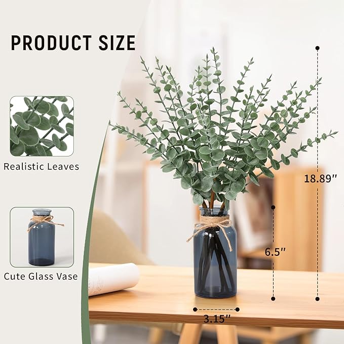 Leftover 18.8" Artificial Eucalyptus Stems in Black Glass Vase,Fake Plant Eucalyptus Plant for Centerpiece Table Decorations Black Bathroom Farmhouse Home Decor