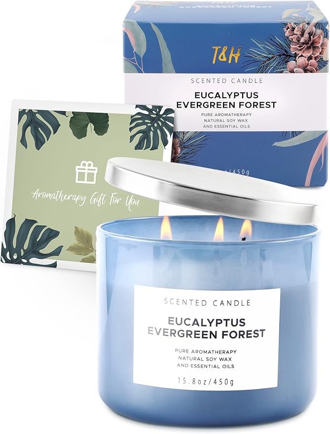 Eucalyptus Evergreen Forest 3 Wick Scented Candle | Luxury Soy Candles for Home | Relaxing Aromatherapy Stress Relief Candle 15.8 oz | Clean Burn Long Lasting Balsam Fir Woods Candles for Men & Women