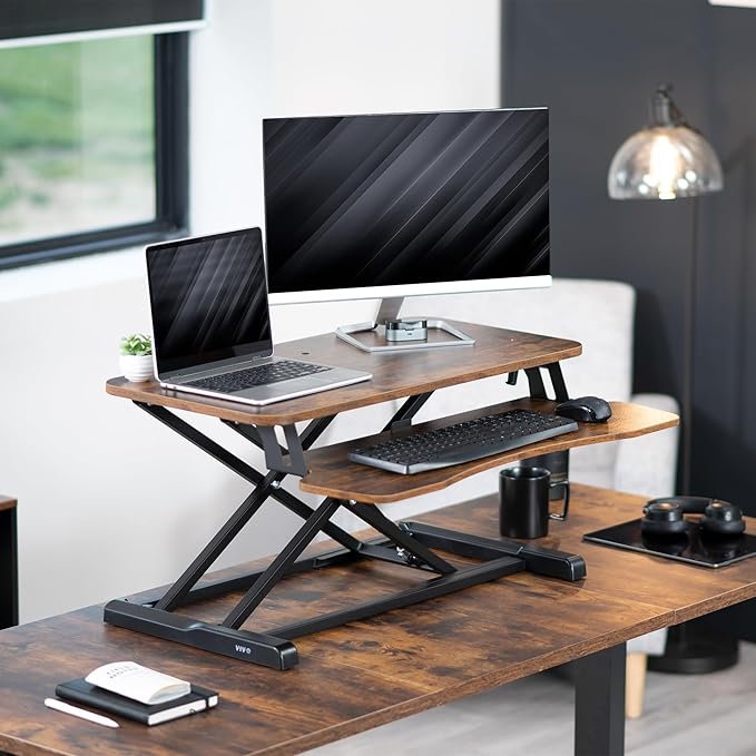 VIVO 32 inch Desk Converter, K Series, Height Adjustable Sit to Stand Riser, Dual Monitor and Laptop Workstation with Wide Keyboard Tray, Vintage Brown Top, Black Frame, DESK-V000KN