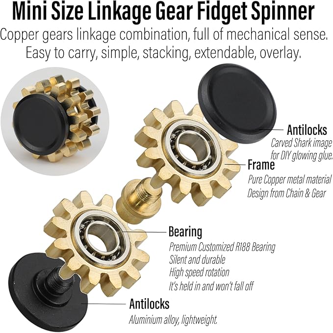 FREELOVE Gear Metal Fidget Spinner Toys for Adults, Small Mini Tiny Pockget Figette, Bike Chain, Copper Brass Hands Gyro, Quiet Silent Cool Cube for Anxiety Men (2 Gears Stacked, Black-Brass)