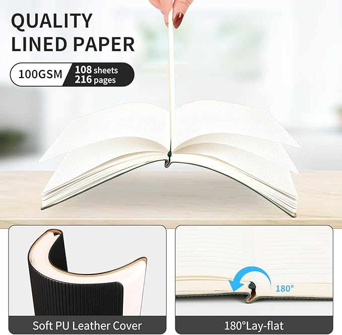 TSFPapierA5 Lined Notebook with Pen & Gift Box 216 Pages PU Leather Journals for Women Men 100GSM Thick Paper College Ruled Notebook for School,Travel,Business,Work,Home Writing (A5 Lined 216pages, Black - Gift Box Set)