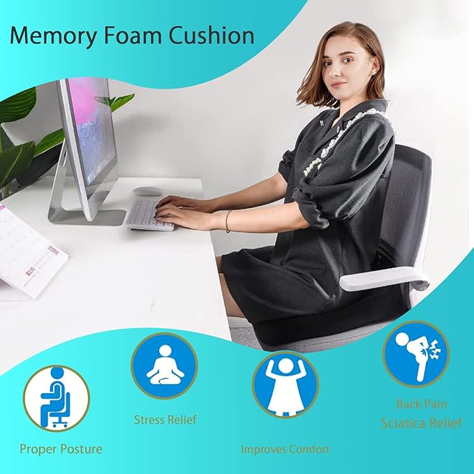 Pressure Relief Seat Cushion for Long Sitting Hours on Office, Home Chair, Car Memory Foam Office Chair Cushion for Back, Coccyx, Tailbone Pain Relief（Black）
