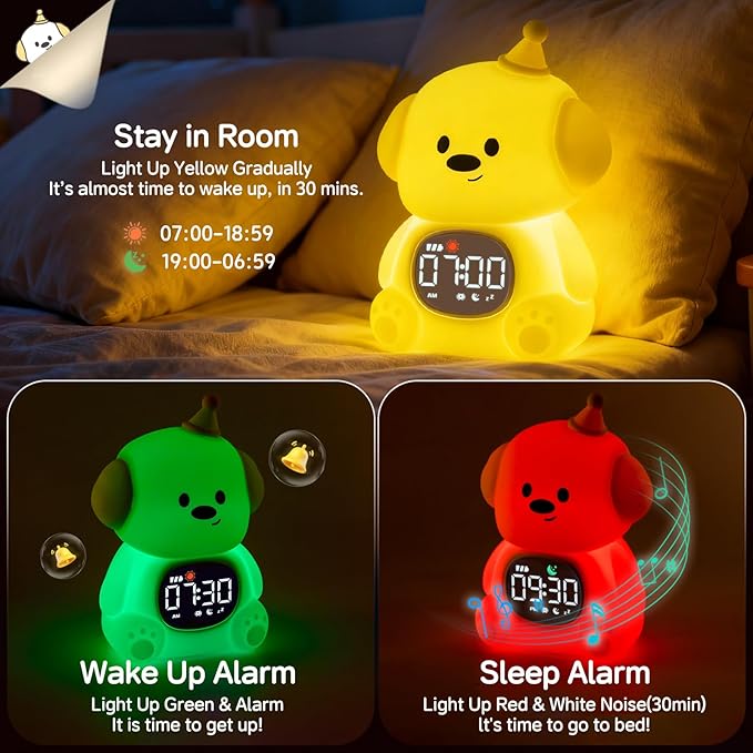 Alarm Clock for Kids with Night Light, Sleep Training Clock Time to Wake Clock, Rechargeable Silicone Light for Bedroom, Perfect Sleep Companion for Boys Girls,Dog