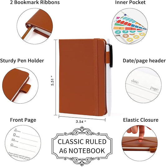 feela 3 Pack Pocket Notebook Journals, Mini Cute Small Journal Notebook Bulk Hardcover College Ruled Notepad with Pen Holder for Office School Supplies, with 3 Black Pens, 3.5”x 5.5”, A6, Brown