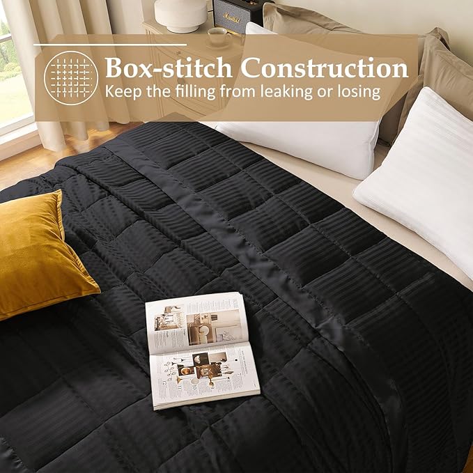 downluxe Twin Blanket with Satin Trim, Lightweight Down Alternative Blanket Twin Size for All Season, Machine Washable (Black, 66 X 90 Inch)