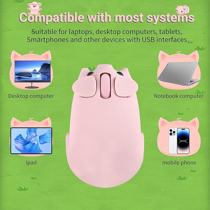 Cute Pig Design Wireless Mouse - Dual Mode Bluetooth & USB, Silent Operation, Ergonomic, Ideal for Laptops & PCs, for Animal Lovers and Family (pnik)