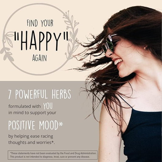 Joy-Filled Mood Support Supplement - 7 Herb Complex w/St. Johns Wort | Stress Relief – Helps Calm The Mind & Body | 100% Plant-Based Happy Pills, Ashwagandha, Rhodiola Rosea | Adaptogens, 60 Ct