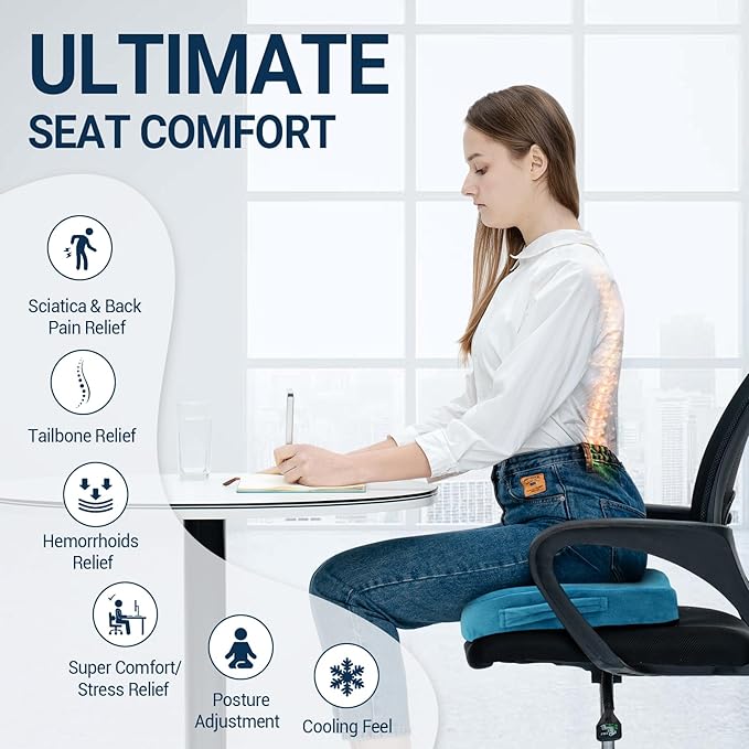 Gel Seat Cushion for Car Office - Memory Foam Pain Relief Chair Pillow Cushions - Tailbone Sciatica Coccyx Butt Lumbar Support Pad for Sitting Driving Traveling, Velvet, Blue