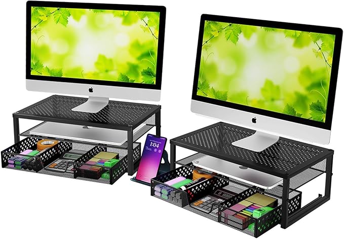 Simple Trending 2 Pack 2 Tier Metal Monitor Riser Stand and Computer Desk Organizer with Drawer, Black