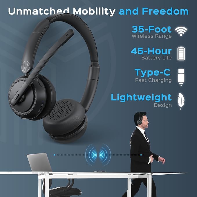 TREBLAB C7-Pro Wireless Bluetooth Headset, 45H Playtime, Bluetooth 5.3, 40mm Drivers, Type-C Fast Charging, IPX4 Waterproof, Wireless Headset with Mic for Work, Home Office, Calls, Laptop, PC