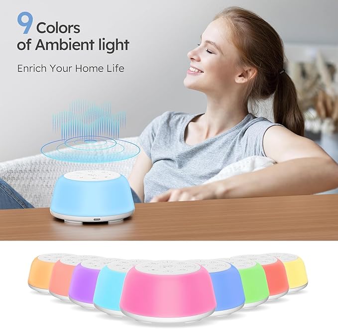Rechargeable White Noise Machine with 9 Colors Night Light, Portable Sound Machine for Baby Adult Sleeping with 26 Soothing Sounds/4 Levels Brightness/5 Timers/32 Levels Volume for Home, Travel, Gift