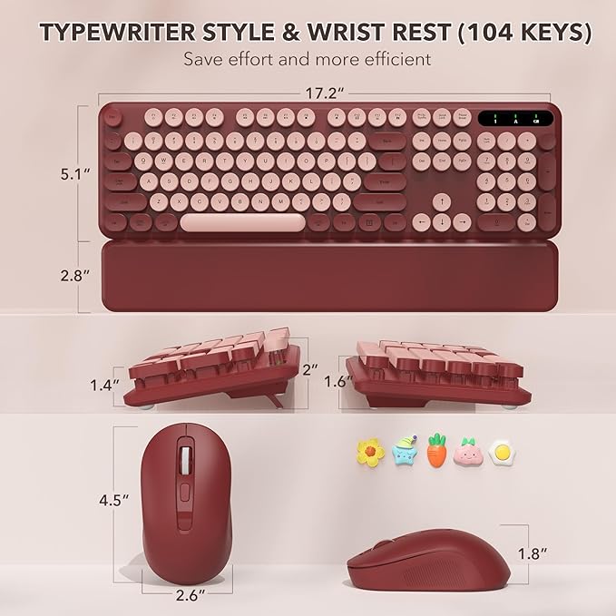 Wireless Keyboard and Mouse Combo - Retro Keyboard with Round Keycaps, Full-Size Typewriter Keyboard with Detachable Wrist Rest, 2.4GHz Connection for Mac/Windows/PC (Wine Red)