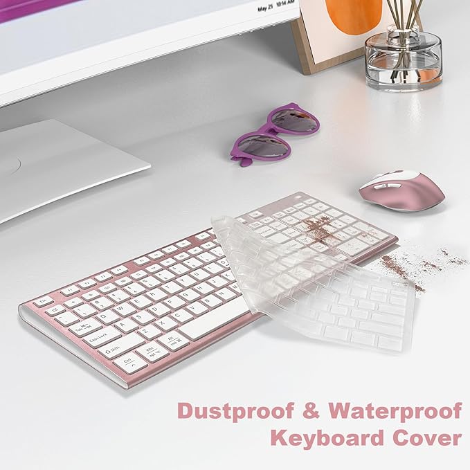 FENIFOX Wireless Keyboard and Mouse, Ergonomic Rechargeable Silent Quiet Slim Compact Full-Size USB C with Number Pad Flat Soft Cover for PC Computer Laptop Mac MacBook iMac Windows - Pink Rose Gold