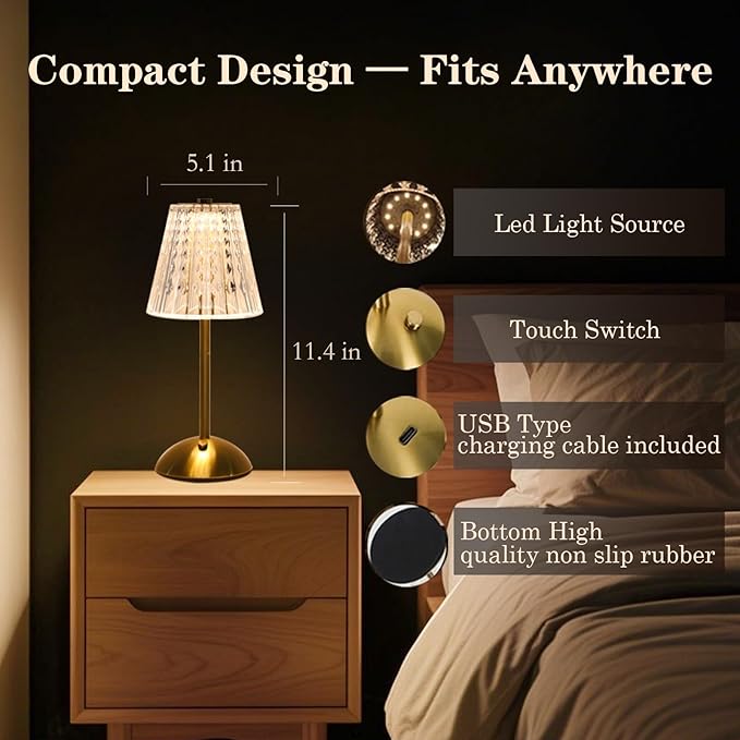 Crystal Table Lamp, 5000mAh Rechargeable Battery Lamp with Touch Control, 3 Color Temperatures, Dimmable Brightness, Matte Aluminum Light for Bedroom/Bar/Kitchen/Outdoor, Gift for Home Décor