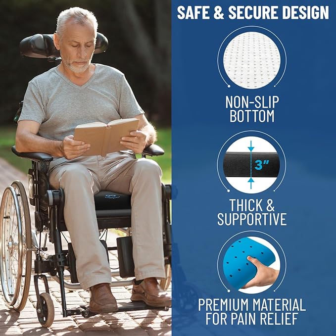 Everlasting Comfort Gel Memory Foam Wheelchair Cushions for Pressure Relief - Ventilated and Soft Wheel Chair Cushion Pad for Seniors and Adults - Non-Slip, Removable Cover - Wheelchair Accessories