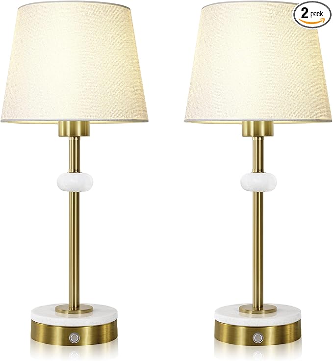 Gold Rechargeable Lamp, Table Lamps Set of 2, Cordless Lamp with Linen Shade, Marble Base, Touch Switch, 4400mAh Battery Operated Light for Desk Dinner Office Home Decor (Bulb Included)