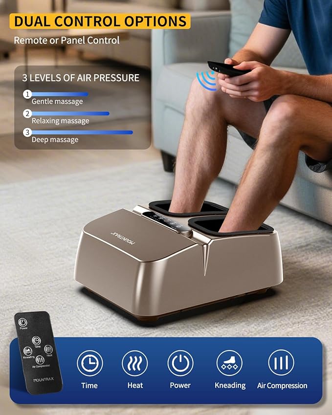 MOUNTRAX Foot Massager Machine with Heat, Foot Massager for Plantar Fasciitis, Neuropathy Pain, Shiatsu Foot Massager with Remote, Fits Feet Up to Men Size 12 (Gray)