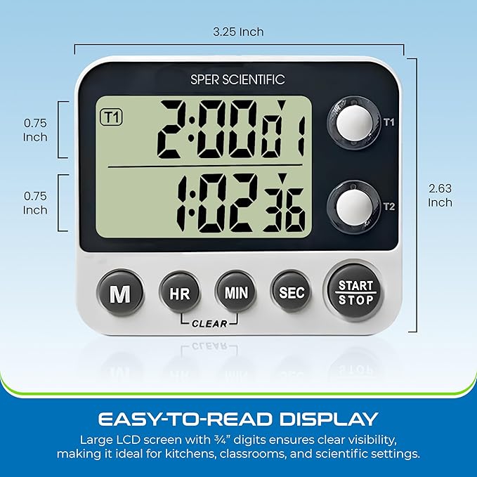 Sper Scientific 2 Channel Digital Lab + Kitchen Timer with Color Coded LED Lights 810002 – Dual Countdown Timer with Large Display, Loud Alarm & Clock Mode - for Cooking, Labs & More