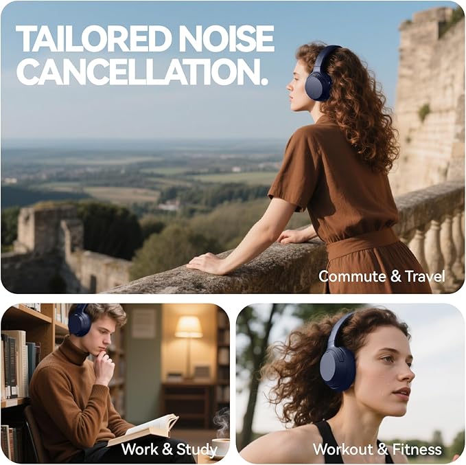 Hybrid Active Noise Cancelling Headphones, Wireless Over Ear Bluetooth Headphones with Mic, 40H Playtime, Hi-Res Audio, Deep Bass, Foldable Comfort Fit Ear Cups for Travel, Office, Home (Blue)