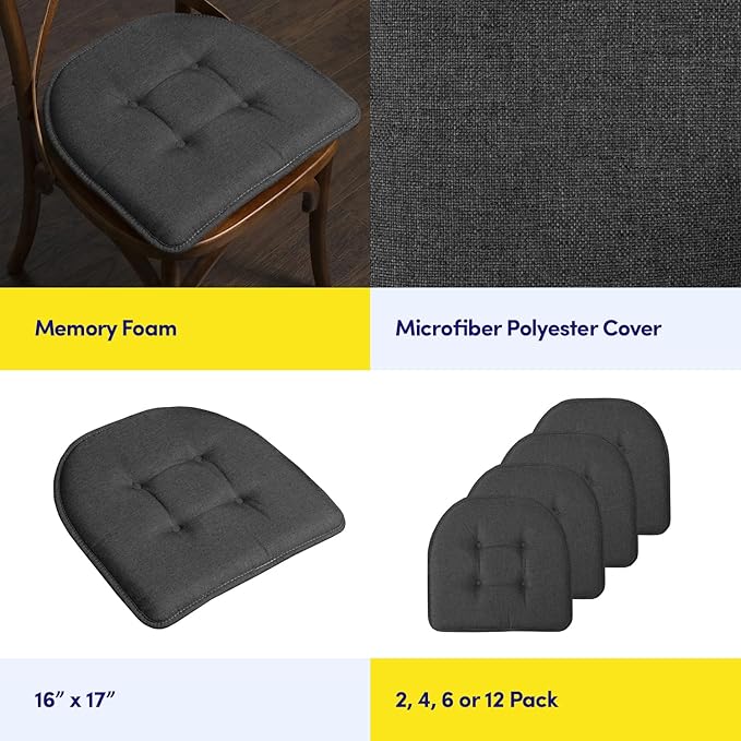 Sweet Home Collection Chair Cushion Memory Foam Pads Tufted Slip Non Skid Rubber Back U-Shaped 17" x 16" Seat Cover, 6 Pack, Charcoal Gray