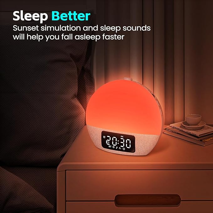 Sunrise Alarm Clock White Noise Sound Machine with 25 Soothing Sounds, 17 Night Lights, Bluetooth Speaker Wake Up Light Alarm Clock for Bedrooms, Heavy Sleepers, Baby, Kids