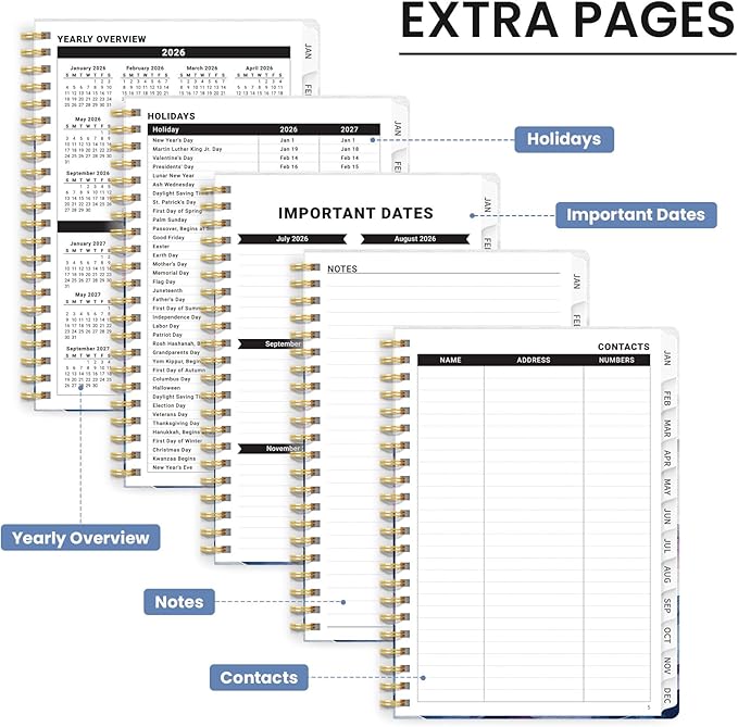 2026 Planner, Monthly and Weekly Calendar Planner for Women, January 2026 - December 2026, Hardcover Pretty 2026 Agenda Planner Book with Tabs, Spiral Bound, Perfect for School Office Home Supplies, 6.3" x 8.5" - Distant Peaks