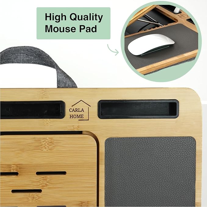 Bamboo Laptop Lap Desk with Cushion, Angle Adjustable Laptop Computer Stand Bed Desk, Portable Lap Desk w/Handles, Tablet & Phone Holder, Mouse Pad & Shields Heat (Grey)