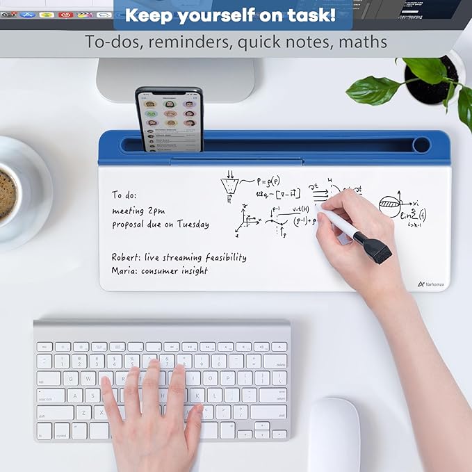 Varhomax Glass Desk Whiteboard with Storage, Desktop Organizer Dry Erase White Board to-do List Memo for Home Office and School Supplies (Blue)