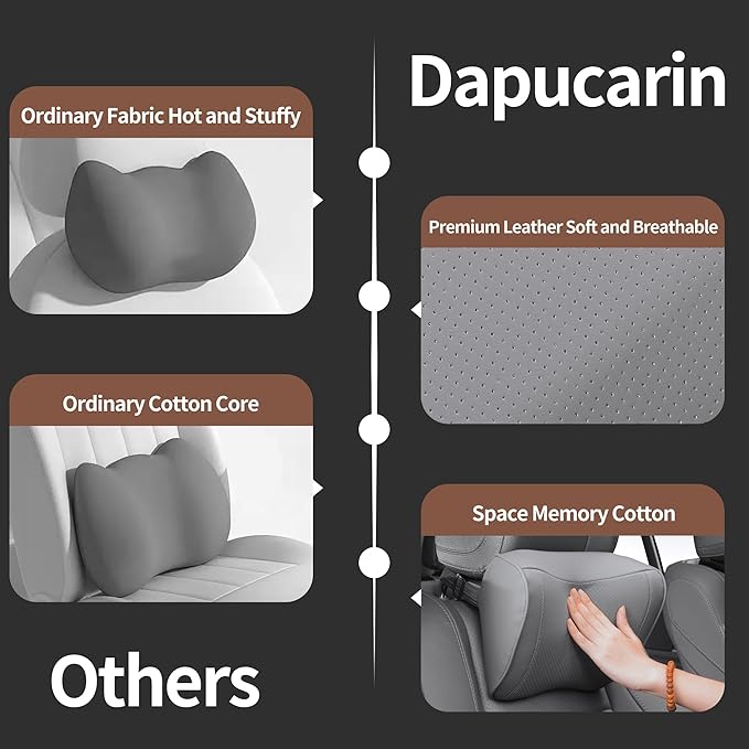 Car Headrest Pillow 100% Memory Foam, Breathable Removable Leather Cover, Premium Seat Support Head Neck Cushion for Driving Travel Home Office, Gray, 1 Pack