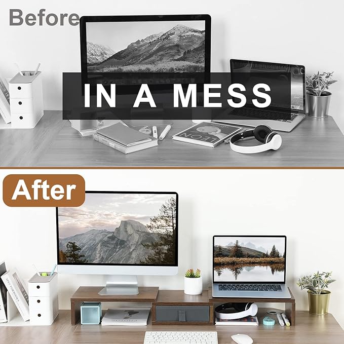 TEAMIX 3 Shelf Monitor Stand Riser With Drawer - Length and Angle Adjustable Dual Riser With Storage Corner Desk Shelf Organizer Large Computer Stand for 2 Monitors/Laptop (Brown, 1 Drawer)