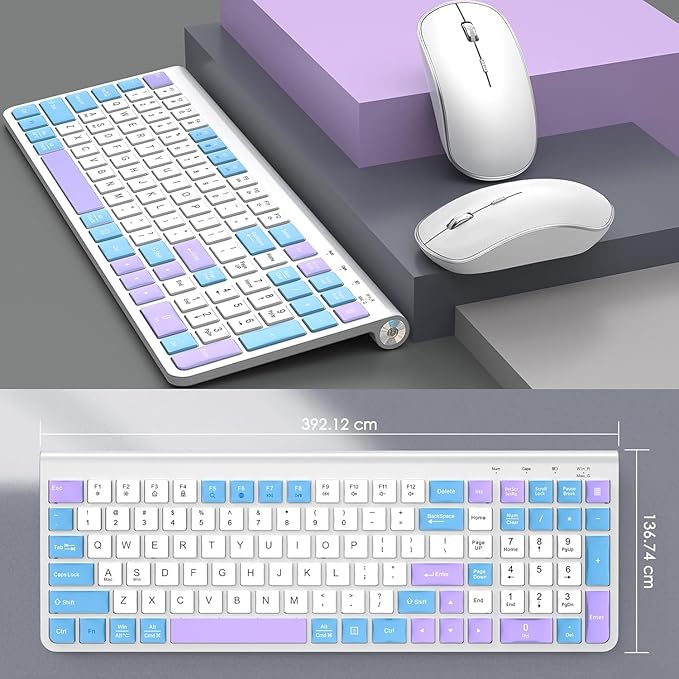 JOYACCESS Wireless Keyboard and Mouse Combo, Typewriter Ergonomic Wireless Keyboard with Number Pad and Computer Mouse for PC Laptop Desktop Computer - Purple Blue