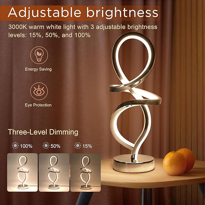 Mayful Modern RGB Table Lamp with LED Spiral Design, Silver Bedside Lamp & Nightstand Lamp, Touch Dimmable with 7 Colors & 10 Modes for Bedroom, Living Room, Home Office, 15W