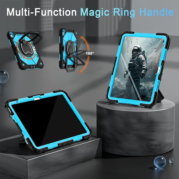 Case for iPad (A16)11th /10th Generation 11/10.9 Inch 2025/2022 with Screen Protector Rotating Stand Shoulder Strap Pencil Holder,Military Grade Shockproof iPad Case 10th Generation,Black Blue