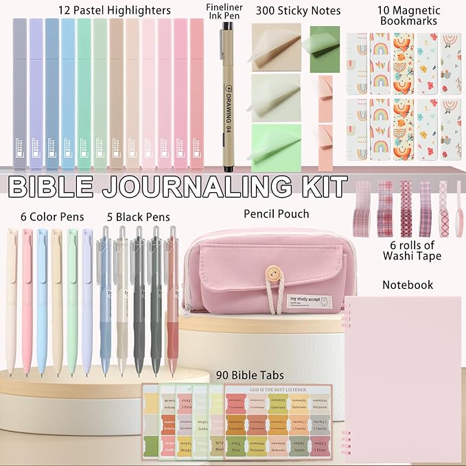54Pcs Bible Journaling Kit with Pencil Case, Bible Highlighters and Pens with Tabs, Notebook, Bible Study Supplies Journel Essentials Accessories Tools for Women,Back to School Gifts (Pink)
