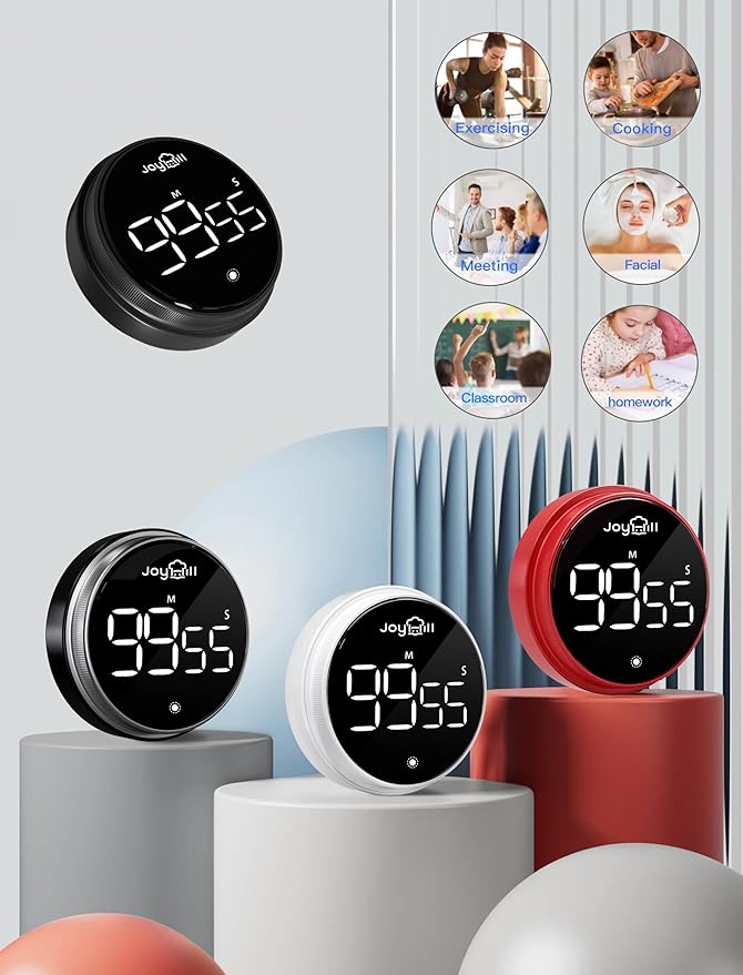 JOYHILL Digital Kitchen Timer, Large LED Display with Magnetic Countdown 3 Volume Levels, Ideal for Cooking Classroom Studying Fitness, Timer for Kids and Seniors White