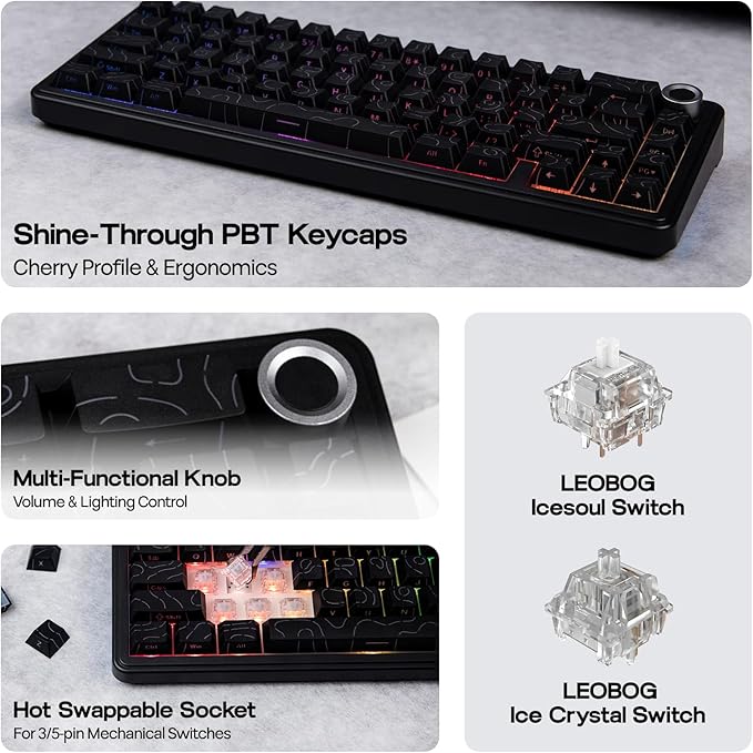 EPOMAKER X Aula F65 PRO Wireless Mechanical Gaming Keyboard, Hot-Swap, 5-Layer Padding, Creamy Gasket, Knob and Shine-Through PBT Keycap, RGB, BT/2.4GHz/USB-C (Black Topographic, Ice Crystal Switch)