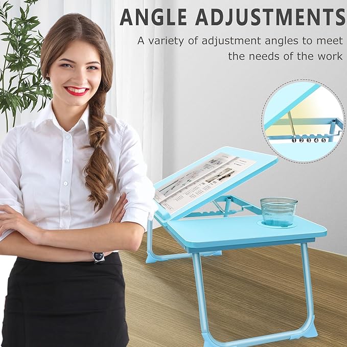 Laptop Desk for Bed Couch,Lap Desk for Laptop,Portable Laptop Stand for Desk,Small Adjustable Laptop Desk,Foldable Bed Table for Laptops and Writing, Bed Tray Table with Cup Holder(Blue)