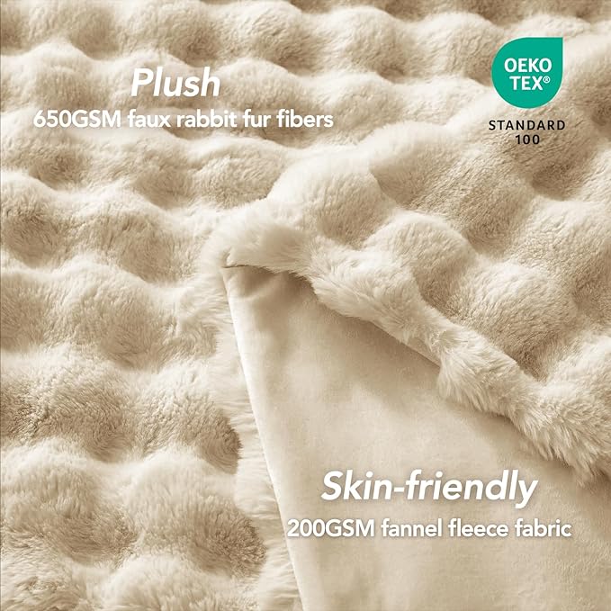 L'AGRATY Faux Rabbit Fur Blanket: 60" x 80" Twin Luxury Soft Fluffy Thick Fur Throw Blanket for Couch Bed Sofa - Cozy Plush Bubble Blankets for Winter: Flannel Fleece Decorative Blanket(Almond White)