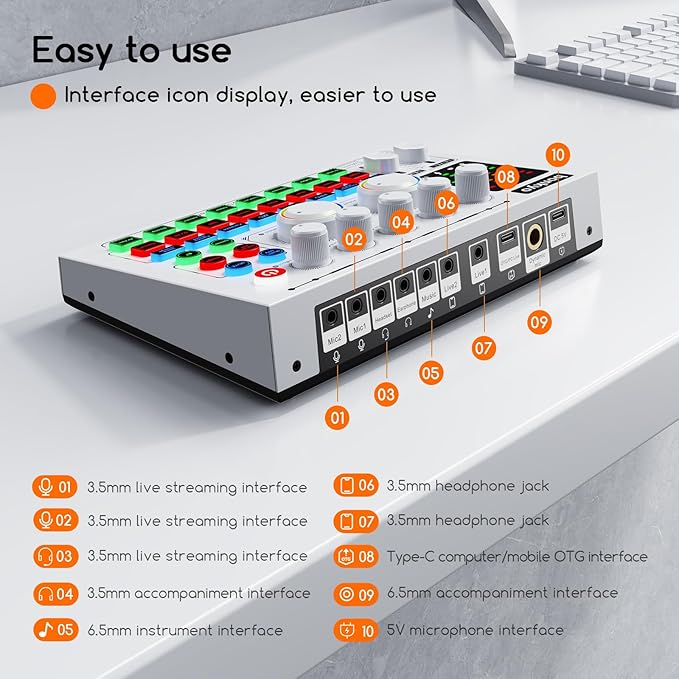 F999MAX Live Sound Card, RGB Lighting Effects, Professional Audio Mixer & Noise Reduction, Metal Body & Indicator Panel, Audio Interface & Voice Changer, DJ Mixer for Live/Gaming/Podcasting/Karaoke