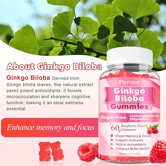 Ginkgo Biloba 300mg Gummies for Adults & Kids, Ginkgo Biloba Supplements for Focus, Memory, and Brain Health, Vegan, Sugar-Free, Raspberry Flavor, 60 Count