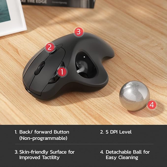 Nulea M501 Wireless Trackball Mouse, Rechargeable Ergonomic, Easy Thumb Control, Precise & Smooth Tracking, 3 Device Connection (Bluetooth or USB Receiver), Compatible for PC, Laptop, Mac, Windows.