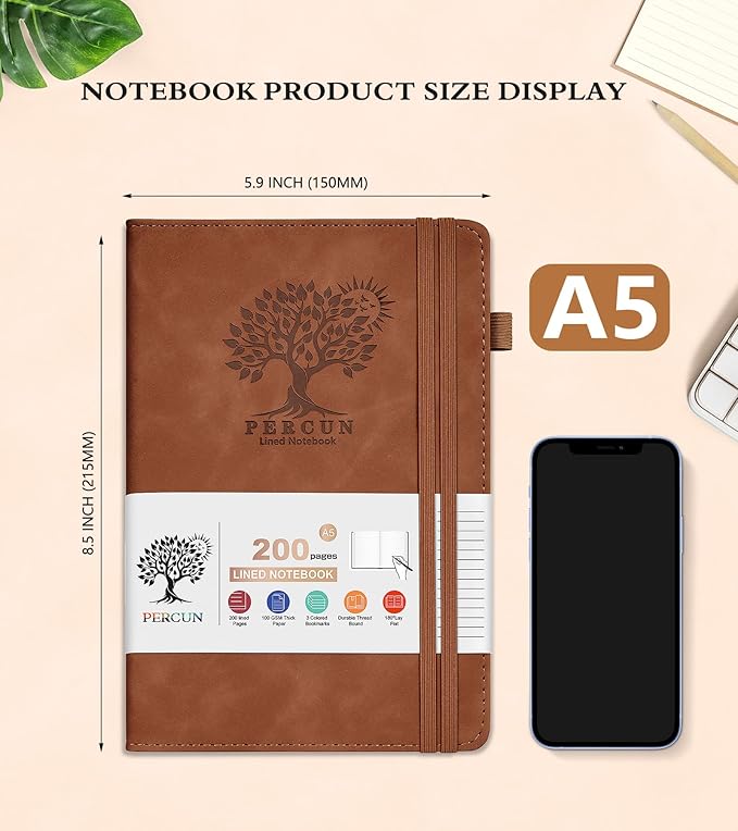 Lined Journal Notebook for Men & Women,200 Pages A5 Hardcover Leather Notebook (5.9"x8.5"), Travel Journal for Work, School, Business Writing, Note Taking, Notepad Diary (Brown)