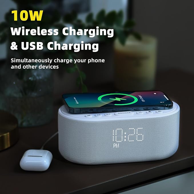 Sound Machine Alarm Clock Wireless Charger: Bluetooth 10W Stereo Sound Speaker Bedroom - White Noise Machine for Sleeping with 21 Soothing Sounds