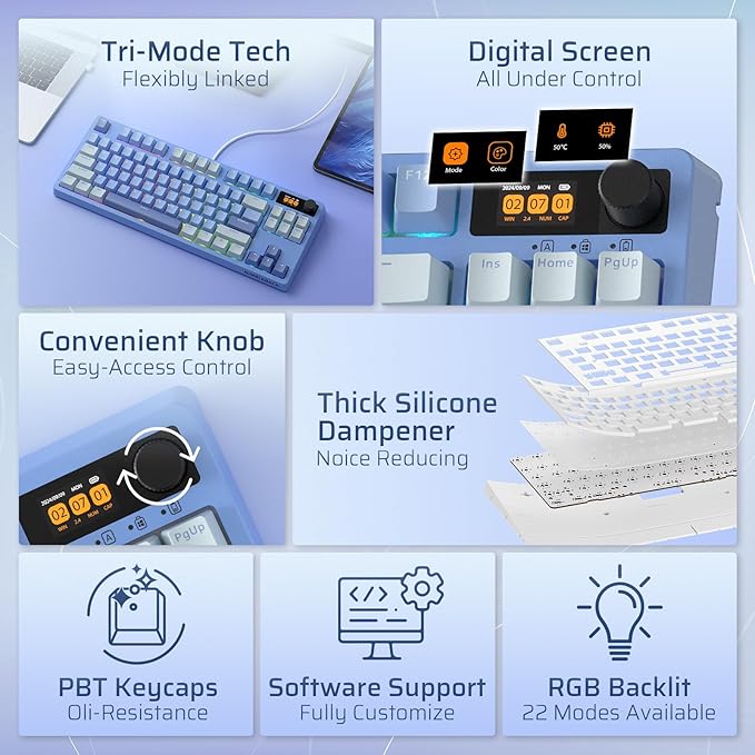 LTC Nimbleback NB841 PRO 75% Wireless Mechanical Keyboard w/Display Screen & Knob, 2.4G/ BT/USB-C Wired RGB 84 Keys Gaming Keyboard, 3-Layer Dampener, Hot Swap PCB, Software Support, Linear Switch