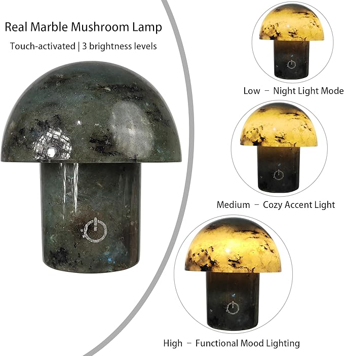 Handcrafted Onyx Mushroom Lamp - 4.3" x 4.7" Natural Marble Stone Night Light with 3-Level Brightness, Rechargeable Touch LED Accent Light for Bedroom, Office, Gift