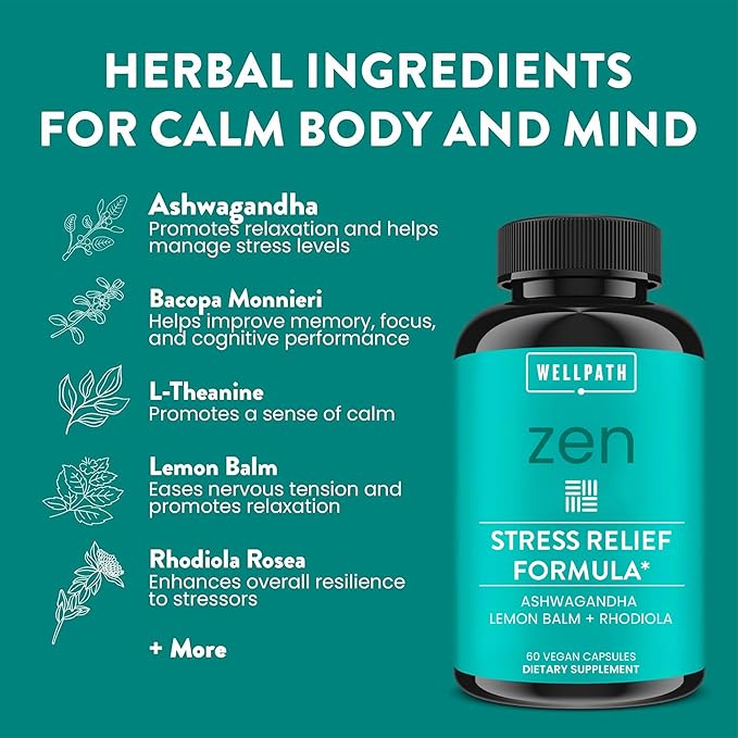 WellPath Zen Stress Relief Supplement + Mood Support | Calm, Stress & Energy Support | Ashwagandha Root, Rhodiola Rosea, L-Theanine, Lemon Balm | Herbal Capsules, 60 Ct