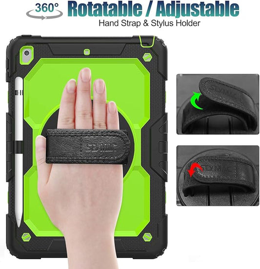SEYMAC stock Case for iPad 9th/ 8th/ 7th Generation 10.2'', Shockproof with Screen Protector, Pencil Holder [360° Rotating Hand Strap] & Stand, for iPad 10.2 inch 2021-2019 (Green+Black)