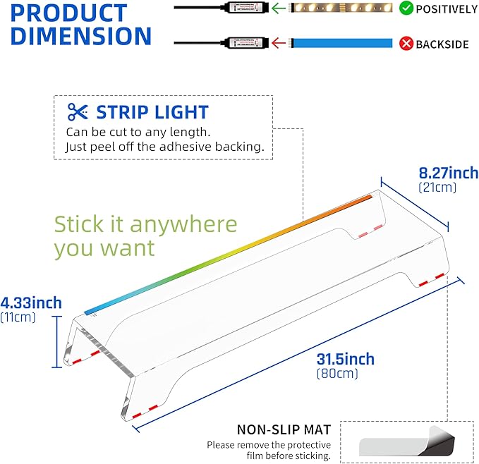Clear Acrylic Dual Monitor Stand Riser,LED Light 31.5 Inch Computer Monitor Stand for 2 Monitors,Office Desktop Organizer for Laptop,PC,Computer,Printer